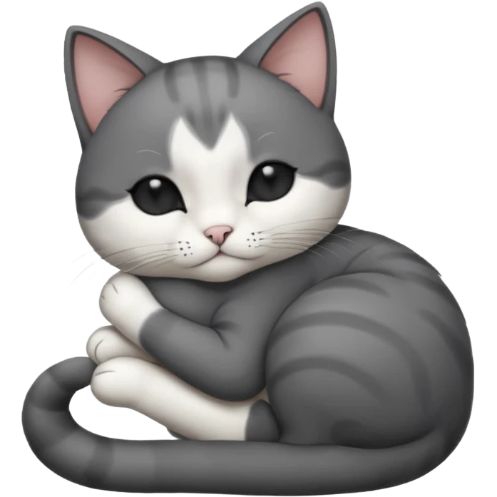 dark grey and white small cat with its eyes closed lying down leaning on its elbow with its paw curled under its head holding it up emoji