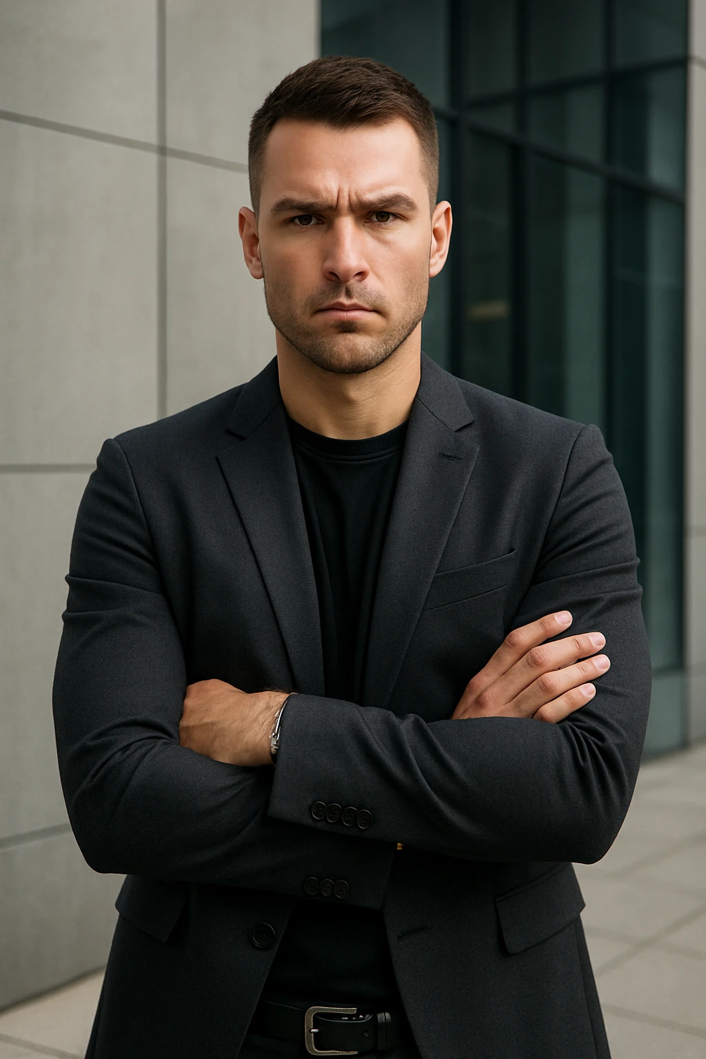a dominant man with arms crossed, assertive expression, modern look emoji