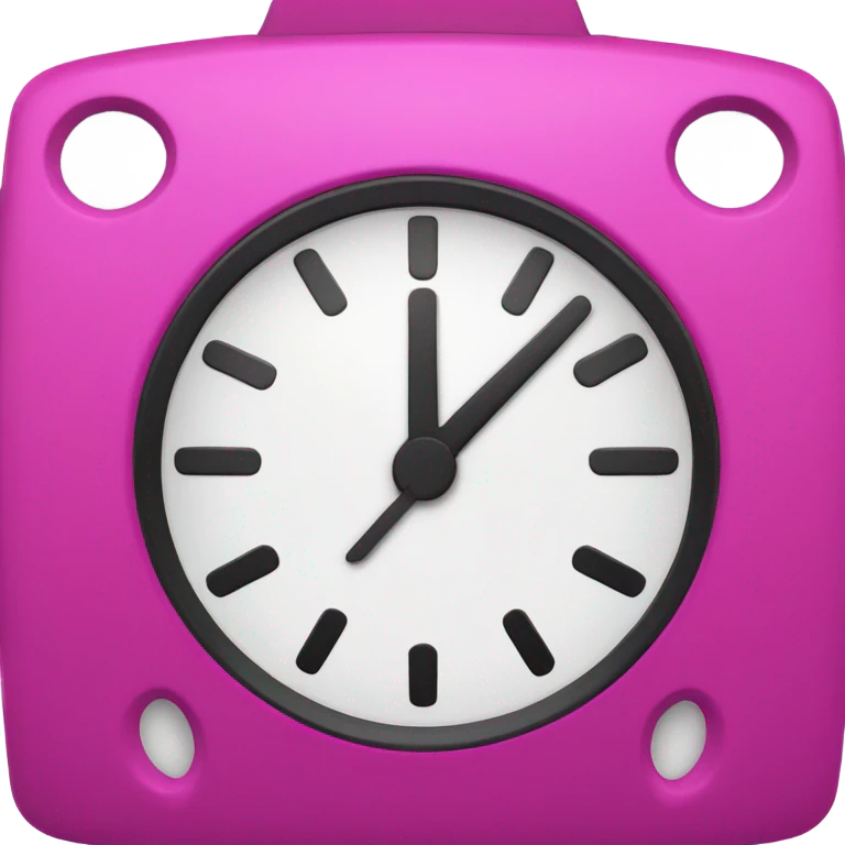 A fucsia alarm clock with black eyes and a white dial for a face emoji