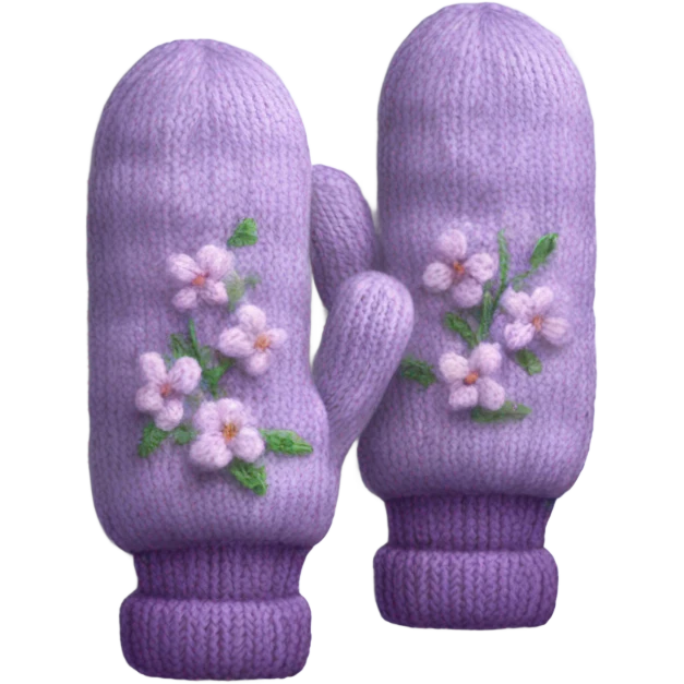 A pair of cozy knitted mittens with a lilac design emoji