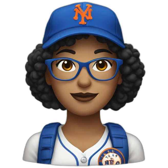 Mom with black curly hair and Mets hat with glasses emoji
