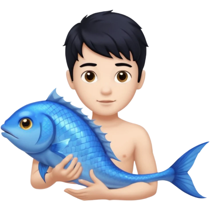 boy, black hair, brown eyes, white skin, Triton, with Triton in hand, blue Triton tail and blue triton fish ears emoji