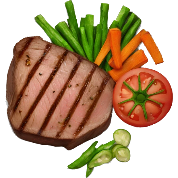 cooked steak and burnt veggies on a plate emoji
