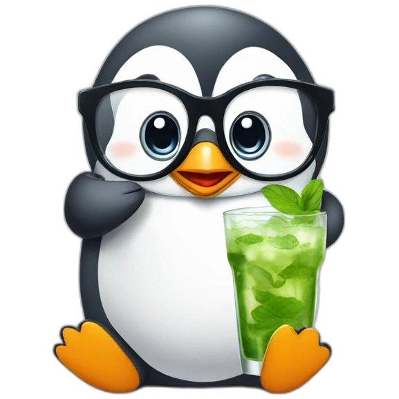 baby penguin with big glasses drinking mojito emoji