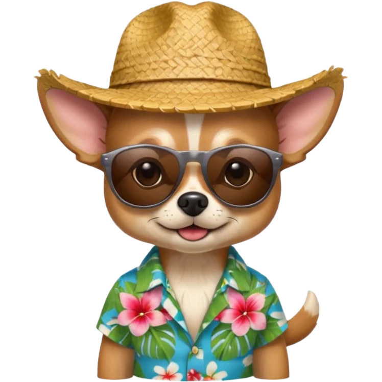Chihuahua with sunglasses and straw hat, hawaii shirt emoji
