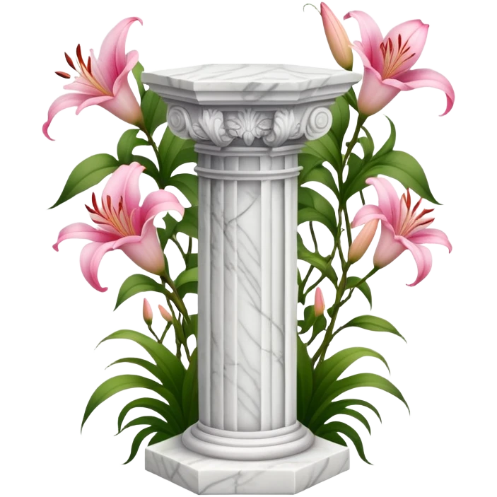 White tall marble pedestal with vines growing on it and pink lilies, beautiful romantic scenery  emoji