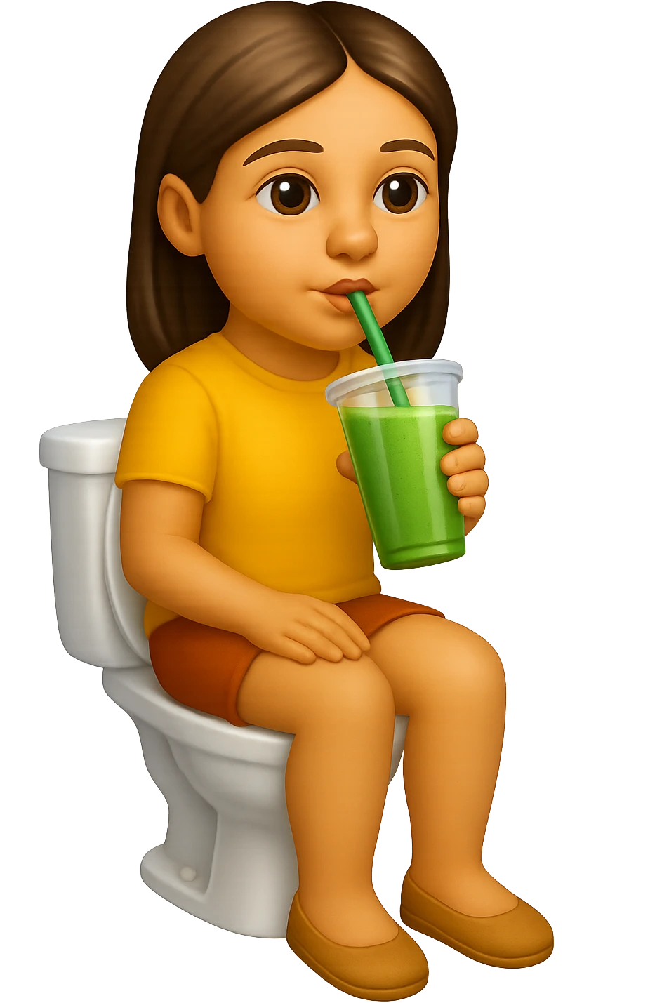 emoji stile iphone di una donna seduta sul wc che beve uno smoothies verde, iperrealistico 4k emoji