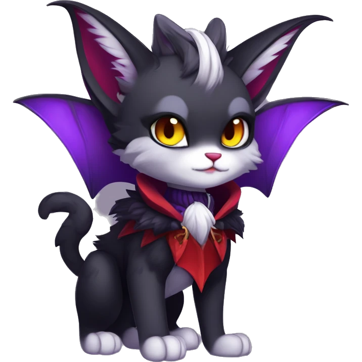 Anthro-Cute-Edgy-Cool-Vampiric-Batty-Cat-Black-Purple-Red-Grey-White-Yellow-Contrast-Colors-Fantasy-Fur-Sona-Chibi-Shiny-Fakémon-Hybrid with horns and fangs and collar full body emoji