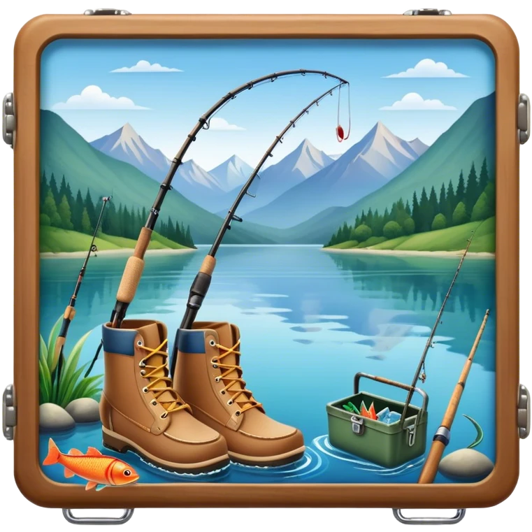 Icon for Fishing Travel: a fishing rod, tackle box, boots, and a boat on a calm lake surrounded by mountains and lush greenery, with fish jumping out of the water. The icon should capture the peaceful and adventurous nature of fishing trips. Transparent background. emoji