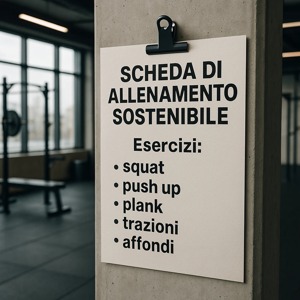 Edit the image to remove the 'Consigli' section from the text. Keep only the text: 'Scheda di allenamento sostenibile', 'Esercizi: squat, push up, plank, trazioni, affondi'. The sustainability refers to the training path, not eco-friendly elements. Maintain a hyperrealistic style, 4K resolution, modern gym setting. emoji