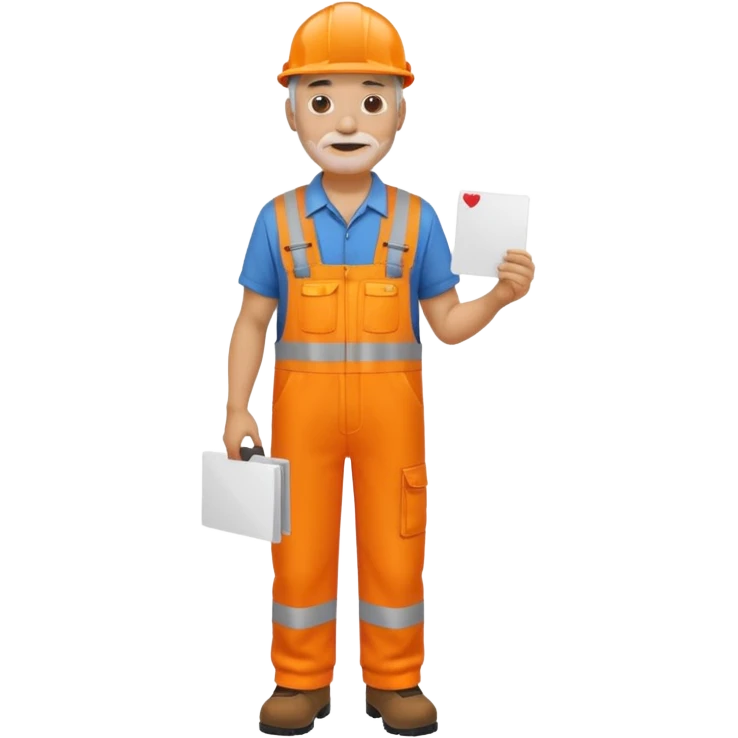older engineer hi-vis orange overalls standing full body holding a card emoji