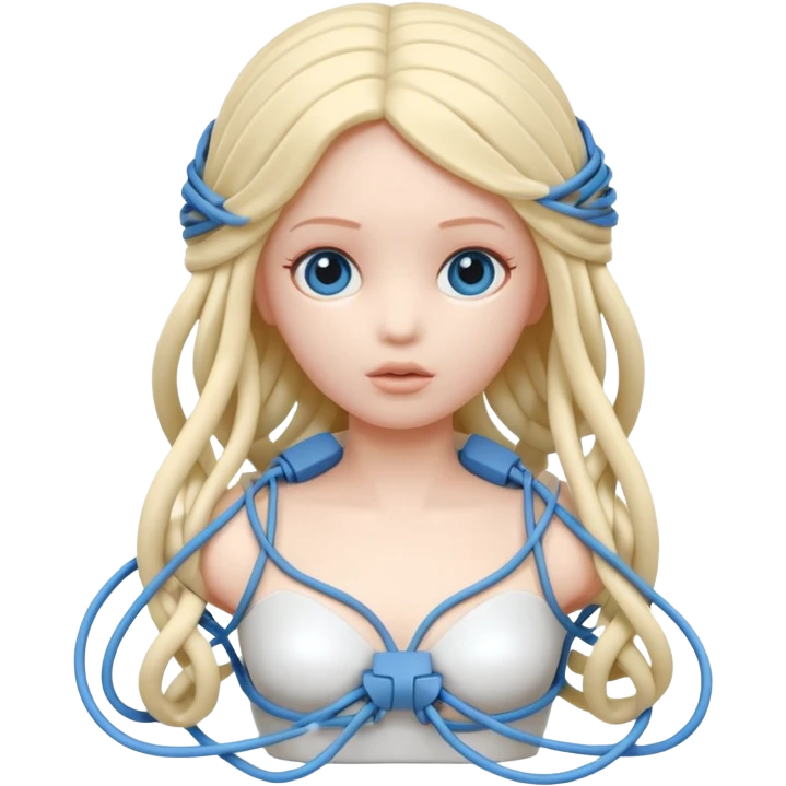 Plastic doll tightly bound with tangled AUX cables. emoji