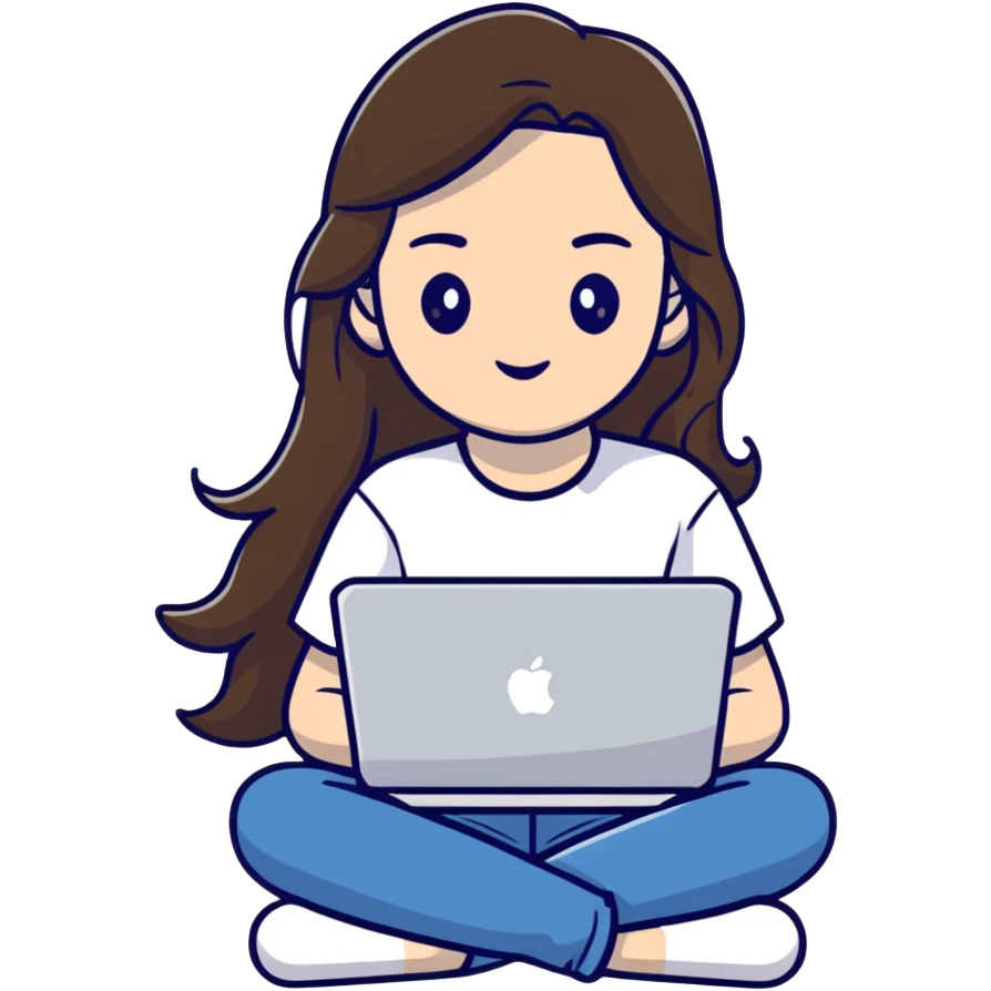 A girl with MacBook and a coffee wearing white shirt and blue jeans emoji