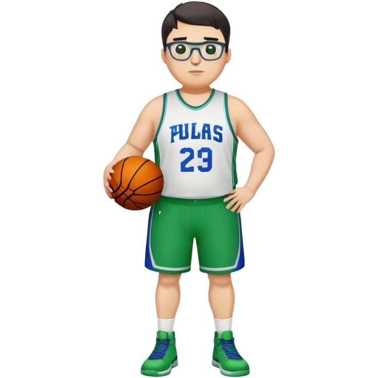 Full Body plus size white male with dark short hair basketball player wearing glasses wearing blue green uniform emoji