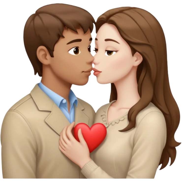 A white man with brown hair in pale beige clothes and a woman in pale beige clothes are kissing with white hearts emoji