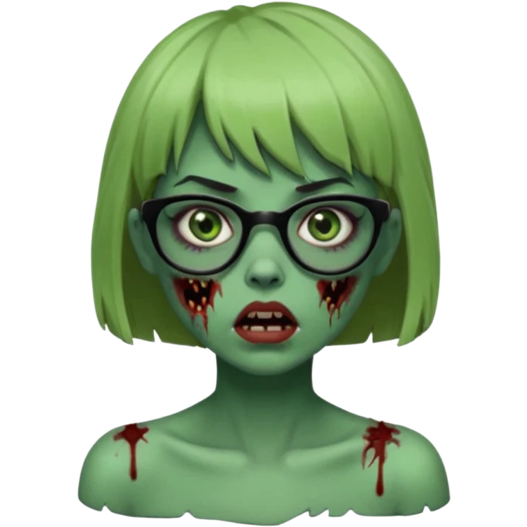 faça uma menina zumbi,da cor verde,com o cabelo curto,até o pescoço,franja,óculos pretos médios,olhos escuros,boca meio aberta e alguns machucados pelo rosto emoji