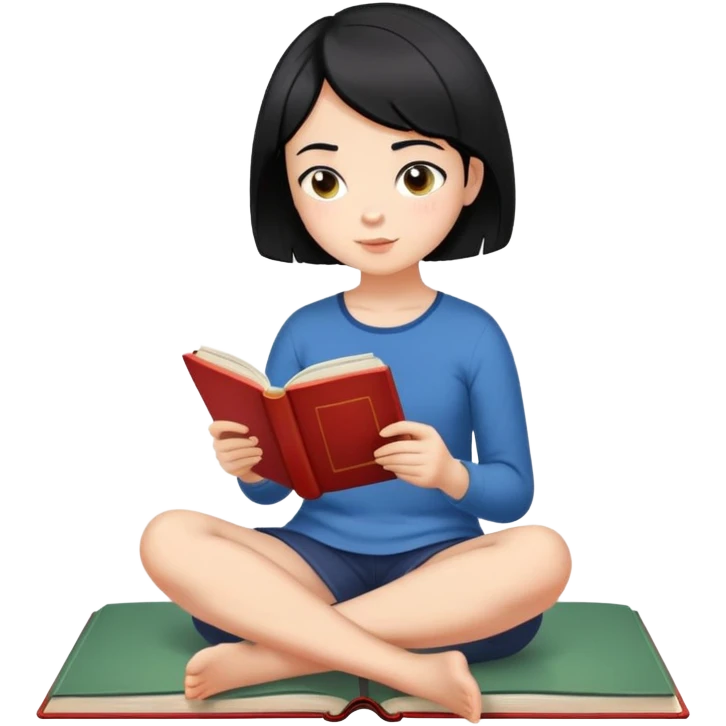 Girl with short hair sitting cross-legged reading an open book emoji