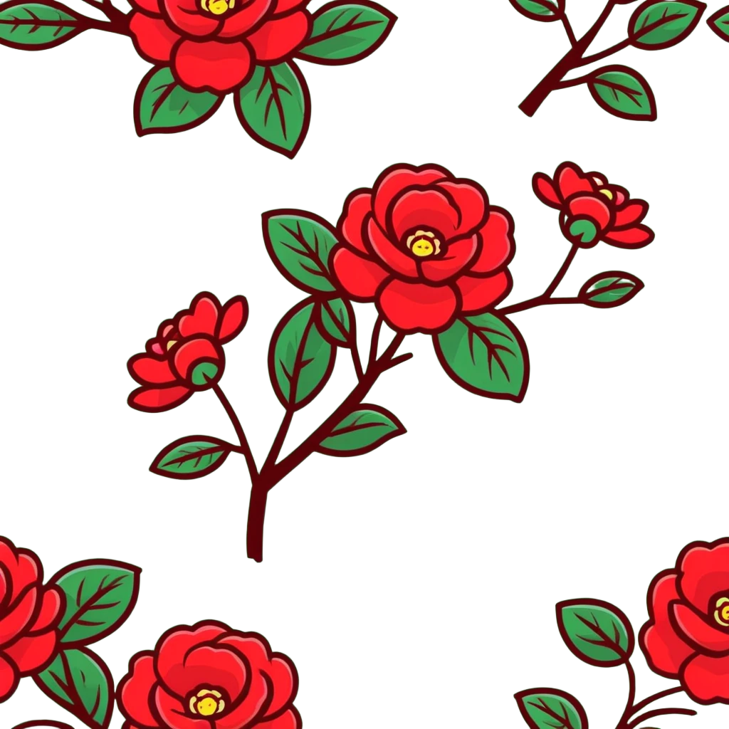 Elegant camellia japonica (tsubaki) bloom with perfect geometric arrangement of deep red petals and serrated green leaves emoji