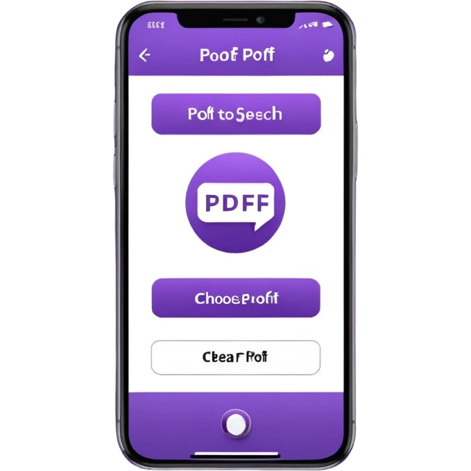 purple background, mobile app interface, "PDF to Speech" title, "Choose an PDF File" button, "Pick PDF File" text, "Selected PDF File" label, "Convert PDF to Speech" button, clean design, ui, ux, --ar 9:16 --zoom 1.2 --v 5
 emoji