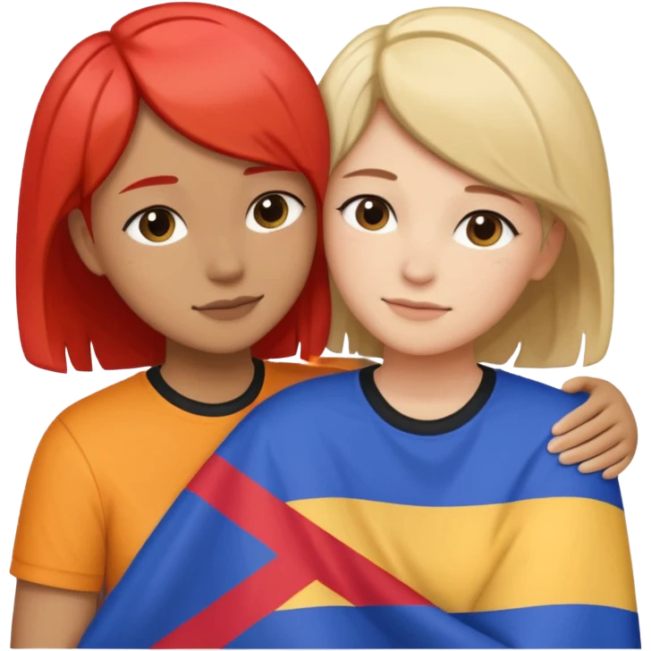 Lesbians hugging. One has short hair other has lond has. Add lesbian flag in the background emoji