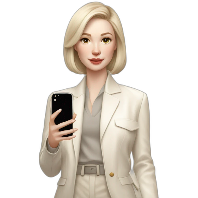 pale skin woman with ash blonde Straightened bob Hair, White Spacious classical jacket, beige palazzo Arrow pants and gray blouse holding white IPhone 15 pro in the hands emoji