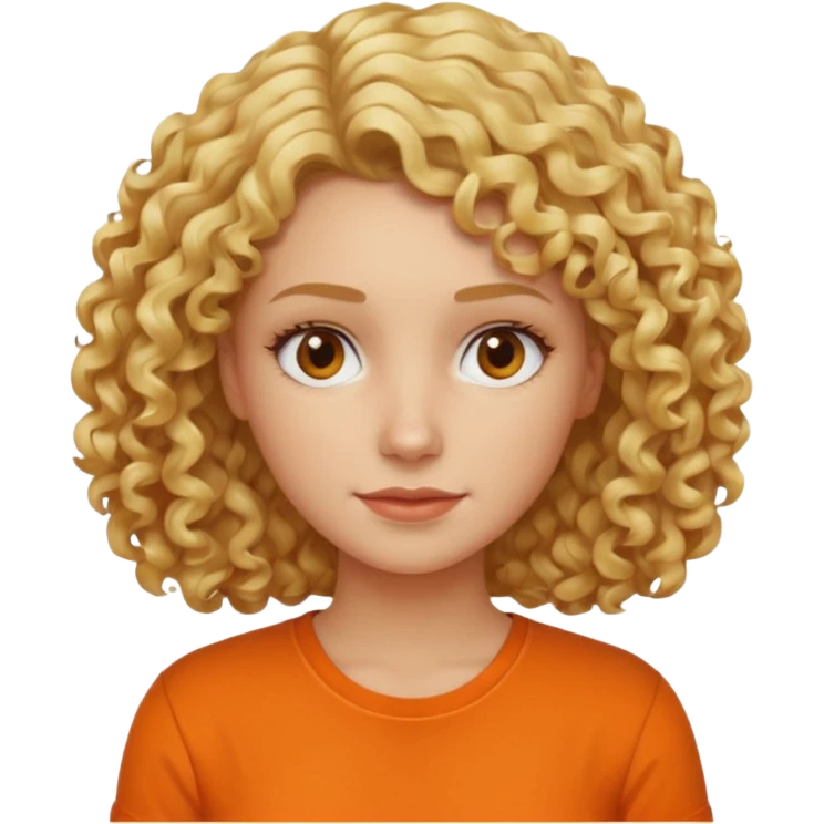 curly blond hair woman in orange shirt no smile emoji