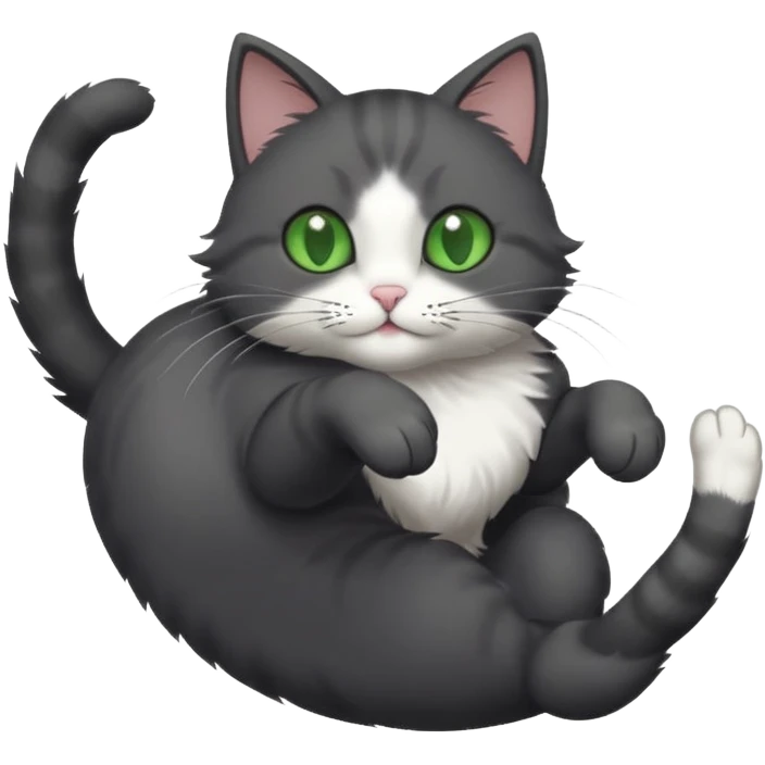 solid dark grey cat with green eyes, white toes/paws and white patch on her chest playfully rolling upside down emoji