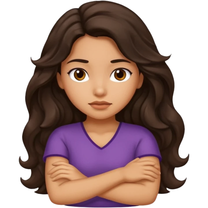 Hispanic girl with long dark brown wavy hair crossing her arms and slightly pouting emoji