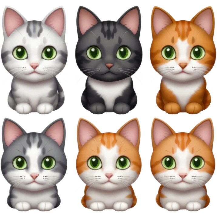 6 different coloured small cats including a dark grey and white, and a patchy calico, and a brown tabby and white,  and a completely solid dark grey with green eyes and only white paws emoji
