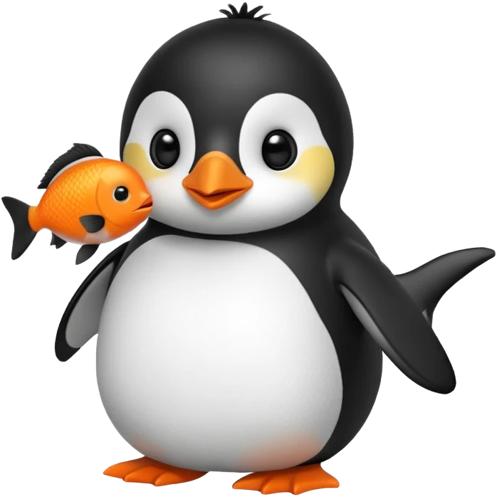 A cute penguin doll holding an orange fish. emoji