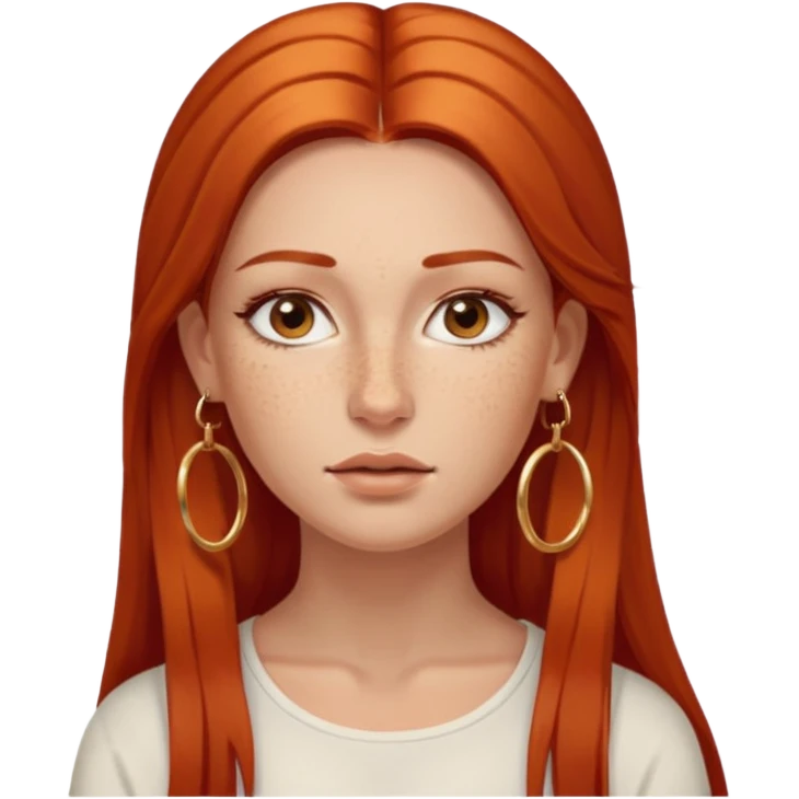 Attractive Greek woman with a wide face, freckles, Long straight amber-red hair and gold hoop earrings emoji