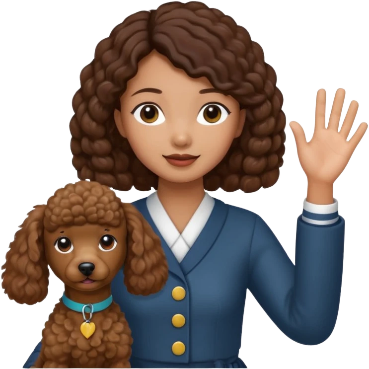 Asia tie up hair girl with brown poodle say good bye emoji