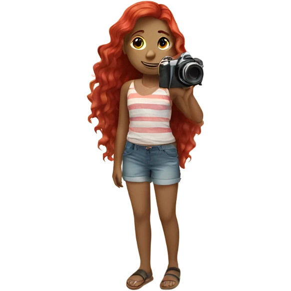 girl with red hair with a camera on the beach emoji