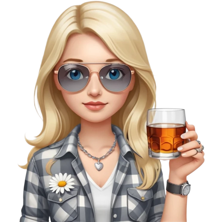 girl
blue eyes
long blond hair with daisy in it
wearing grey/white plaid shirt
wearing aviator sunglasses
wearing silver necklace around her neck
holding a glass of whiskey 
wearing rose gold apple watch  emoji