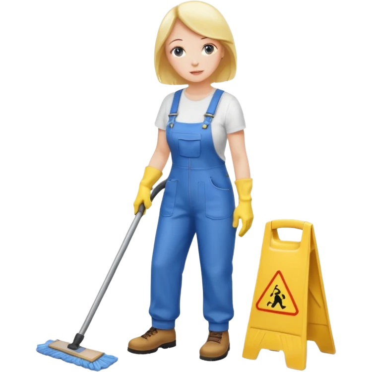middle-aged women, Custodian with yellow rubber gloves, white T-shirt, blue overalls, mopping floor emoji