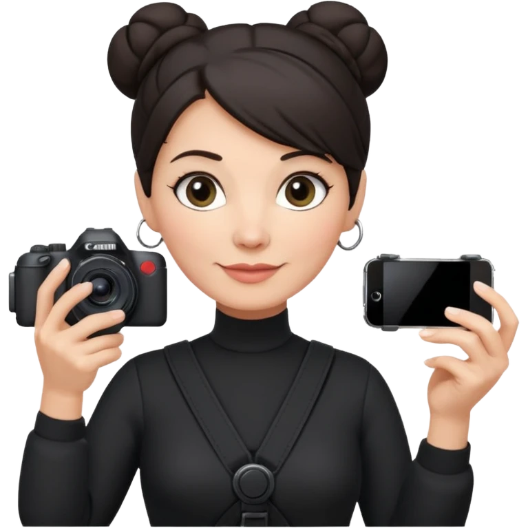 middle aged woman photographer with dark hair in a bun, wearing black clothes, carrying a canon r5 and an iPhone on a gimbal emoji
