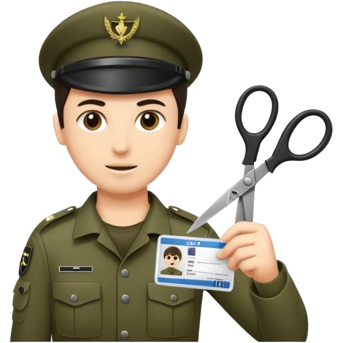 black Scissors cutting an idf soldier ID card in 2 parts .hyper realistic emoji