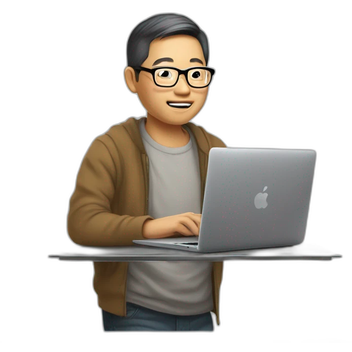 carrying semi-rimless glasses Aged 48 asian Guy  coding on the macbook emoji