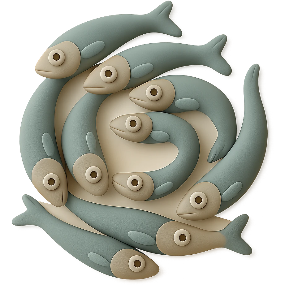 Edit the image to show anchovies arranged in a spiral in fondant cake art style, pastel tones, no background, and no text. emoji