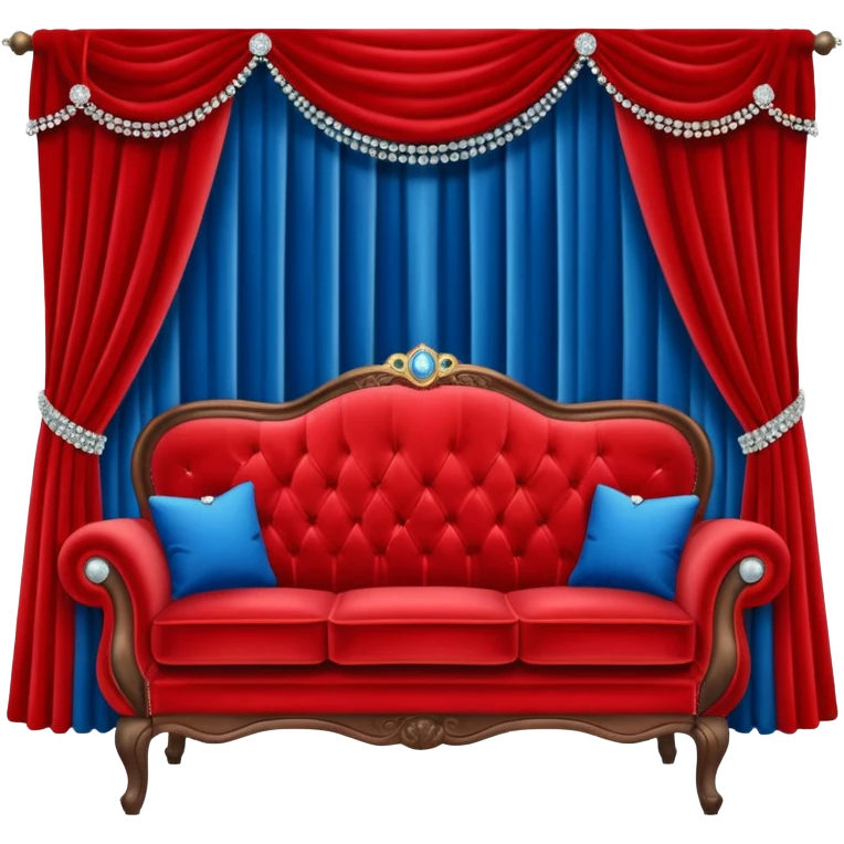 Vintage velvet red red sofa with rhinestone buttons and blue curtains in the background sofa with rhinestones buttons emoji
