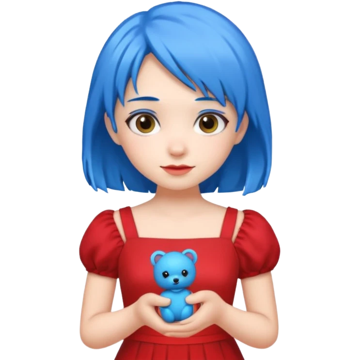 blue haired red wearing girl with small toy emoji