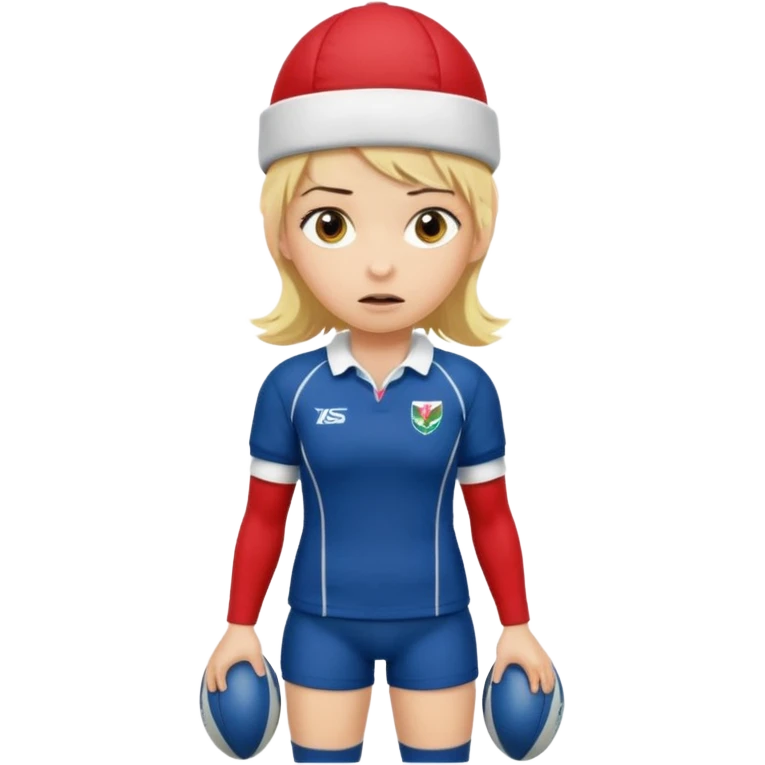 chica rubia con cara de miedo vestida con equipación de rugby y una casqueta en la cabeza metida en unas botas de presoterapia emoji