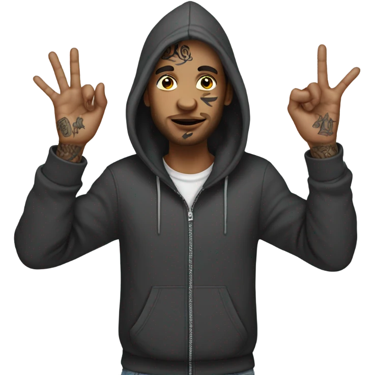 Guy wearing a hoodie holding up 4 fingers up and face tattoos  emoji