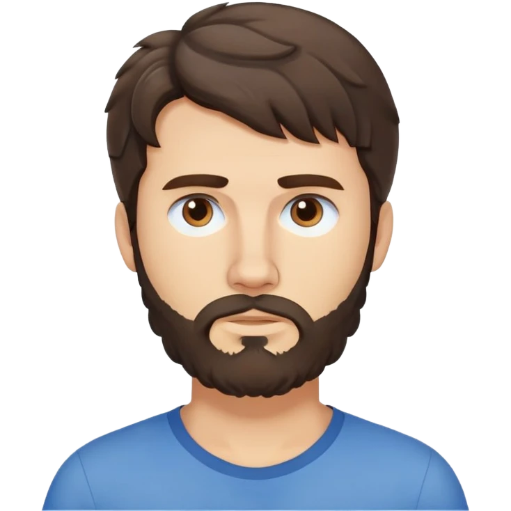Caucasian man with wavy dark brown hair styled loose with wavy fringe, medium-length wavy hair, short full beard, neutral serious expression, simple blue shirt emoji