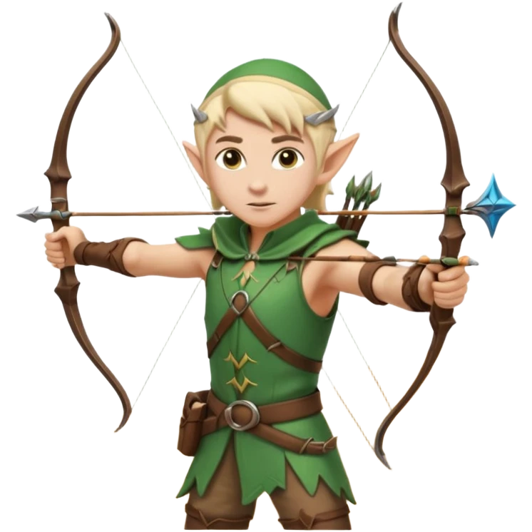 elf male archer aiming at target, summer leather gear, bow, pointy ears, determined look, sand dune backdrop, centered emoji emoji