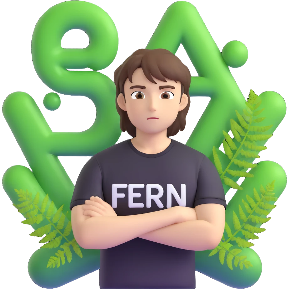 Brunette anime man leaning to the side with arms crossed, standing in front of green bubble letters that say 'The Fern'. He wears a black t-shirt, no jacket, medium-length brown hair, and has an expressive anime face. Maintain a thick, soft, cheerful, 3D vibe in 3D Emoji style. emoji
