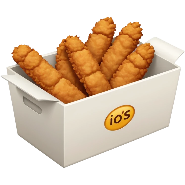 a frontal rectangular white box with no lid, filled with crispy fried chicken fingers emoji
