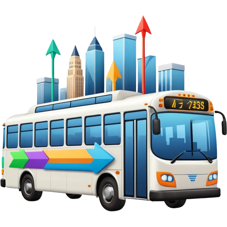 modern bus at a 45-degree angle with three colorful arrows pointing to city icons, no skyline emoji
