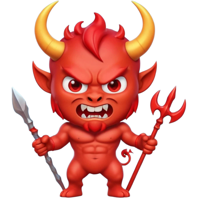 cute 3D red devil emoji, muscular cartoon devil, glossy skin, big curved horns, angry cute face, sharp teeth, holding trident, emoji style, soft lighting, smooth texture, clean background, high quality, digital art emoji