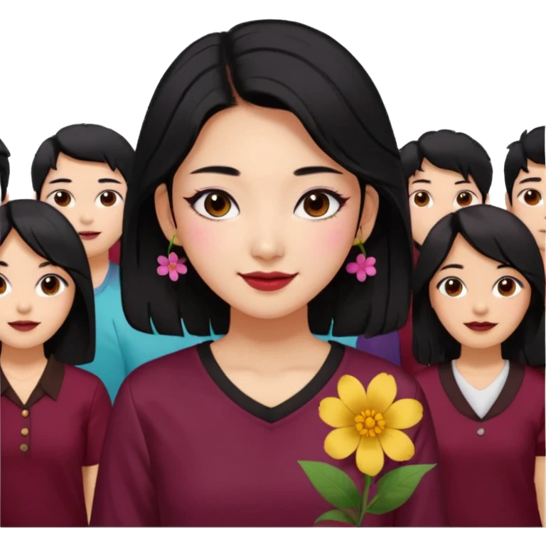 A Korean woman with messy and stylish black hair, a flower in her ear and an iconic Y2K shirt maroon and brown hazel eyes, makeup sweetie,A Style Vibe in the Crowd emoji